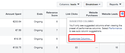 customize facebook ads columns
